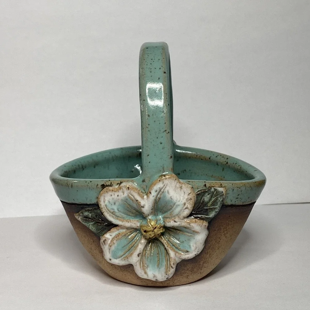 Vtg Old Patagonia Pottery Small Floral Basket Blue Brown 89‎ RARE